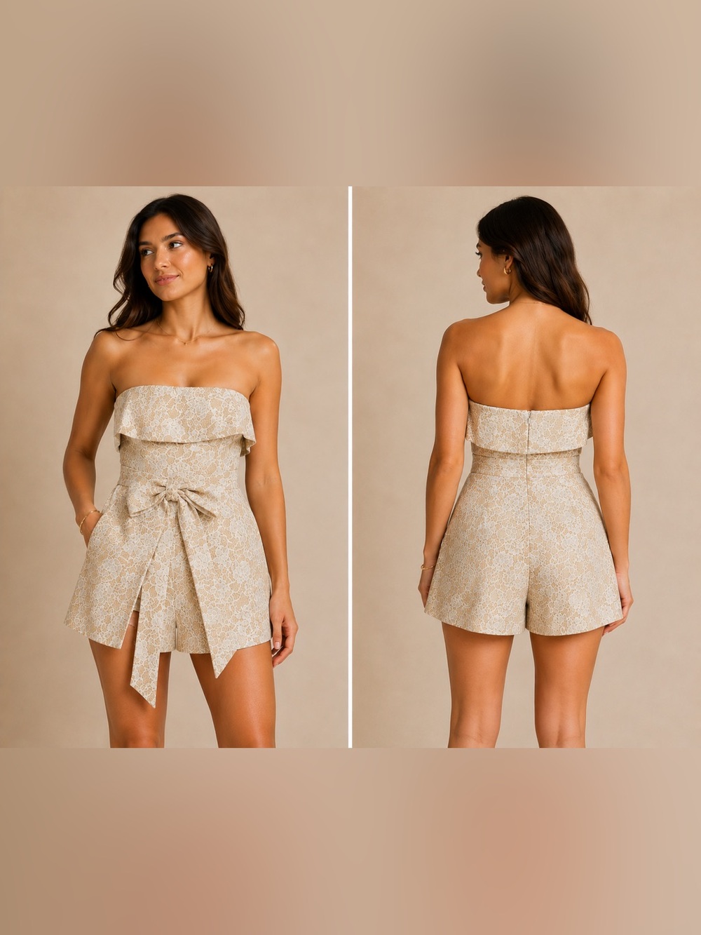 SHEIN Beige Lace Strapless Romper with Waist Tie